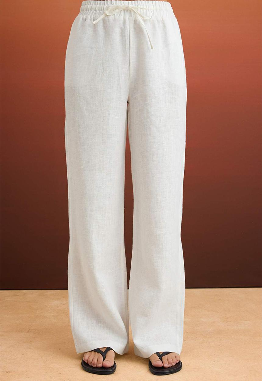 Trendyol - High-Waist Wide-Leg Linen Trousers - White