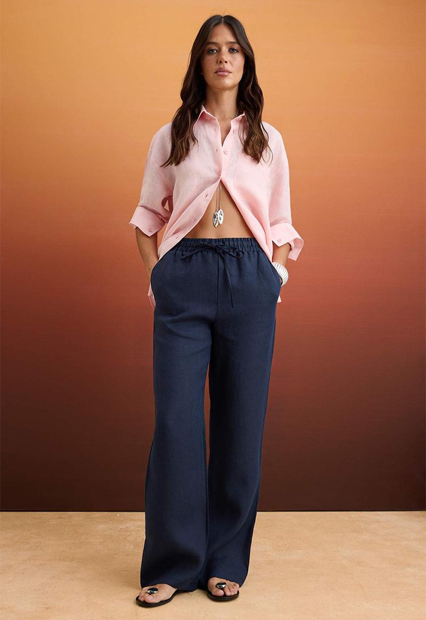 Trendyol - High-Waist Wide-Leg Linen Trousers - Navy Blue