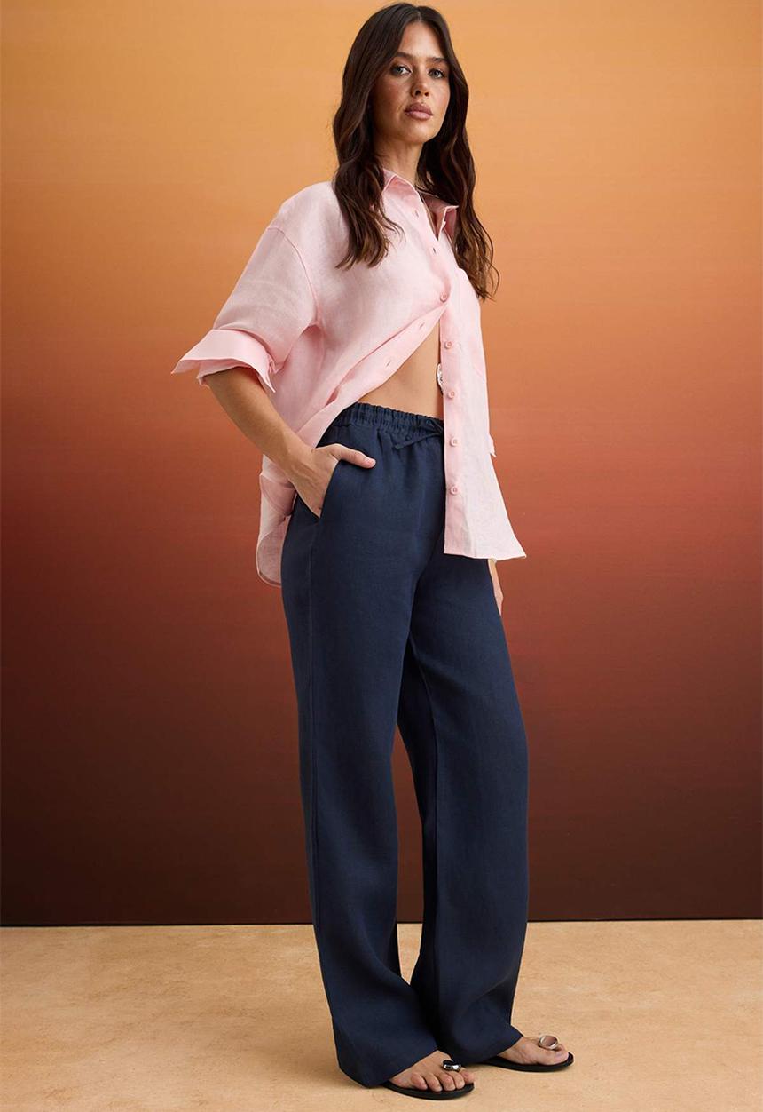 Trendyol - High-Waist Wide-Leg Linen Trousers - Navy Blue
