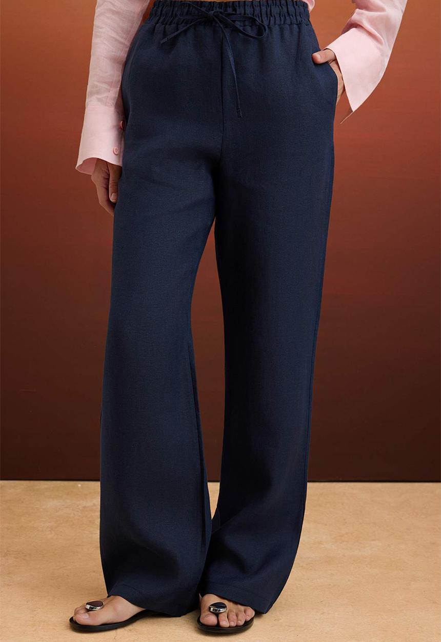 Trendyol - High-Waist Wide-Leg Linen Trousers - Navy Blue