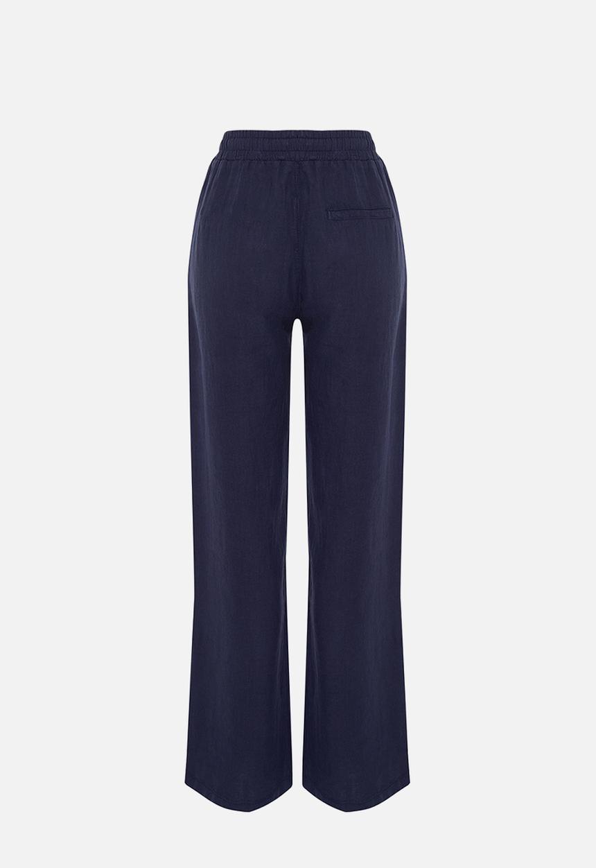Trendyol - High-Waist Wide-Leg Linen Trousers - Navy Blue