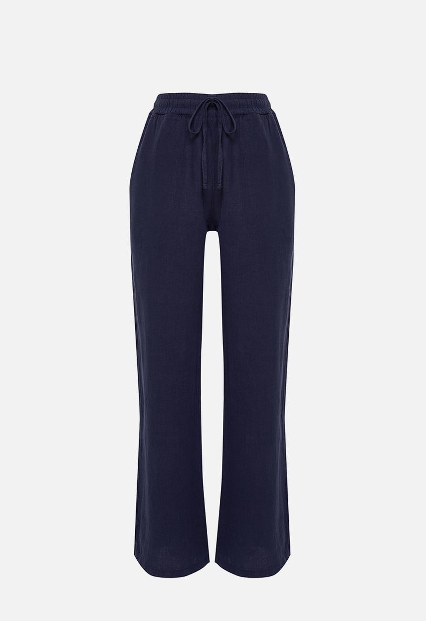 Trendyol - High-Waist Wide-Leg Linen Trousers - Navy Blue
