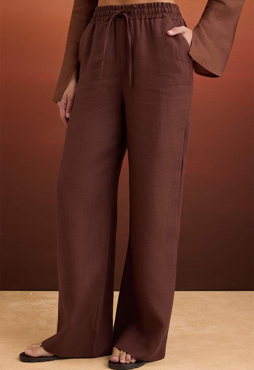 Trendyol - High-Waist Elasticated Linen Trousers - Brown