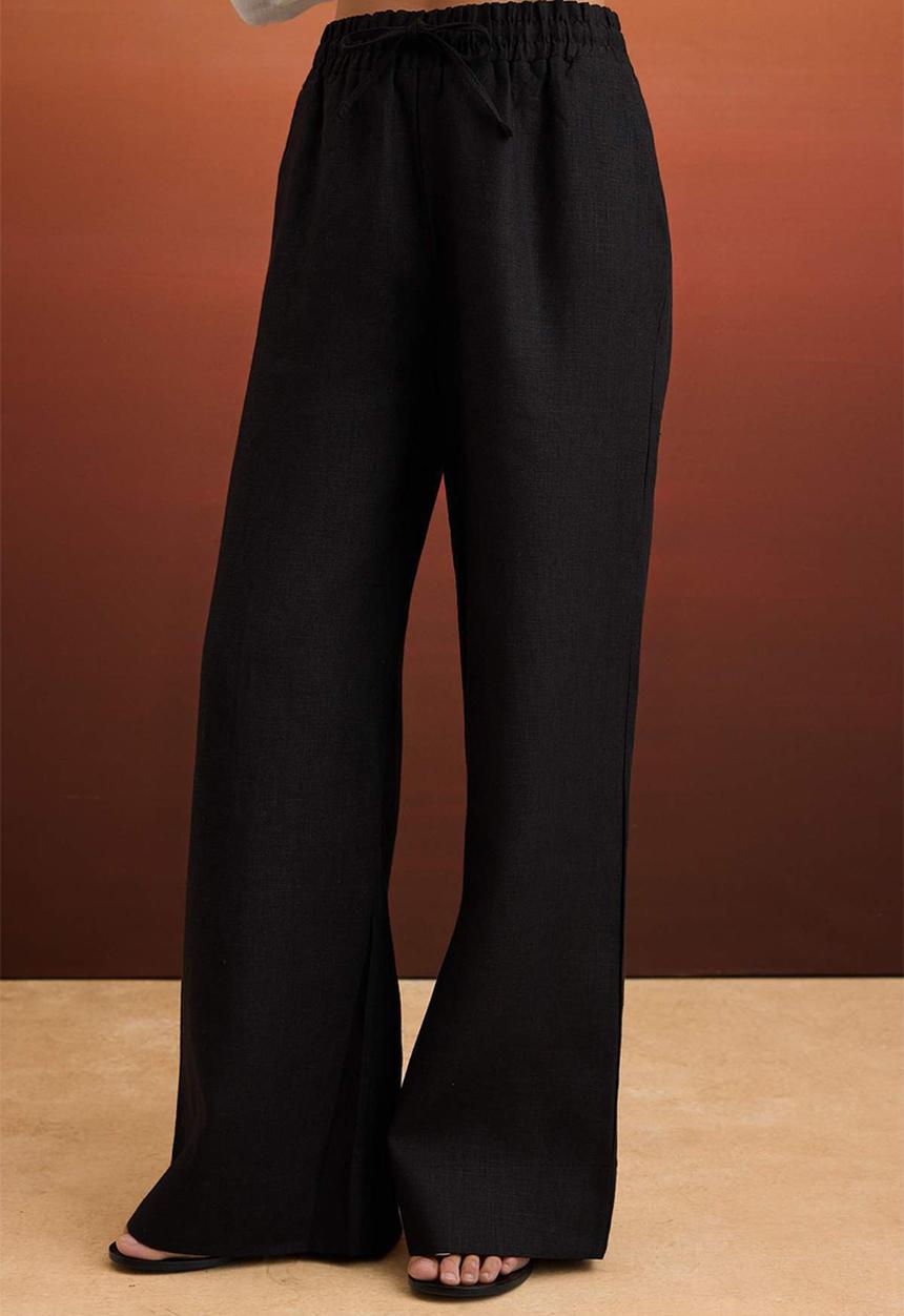 Trendyol - High-Waist Elasticated Linen Trousers - Black