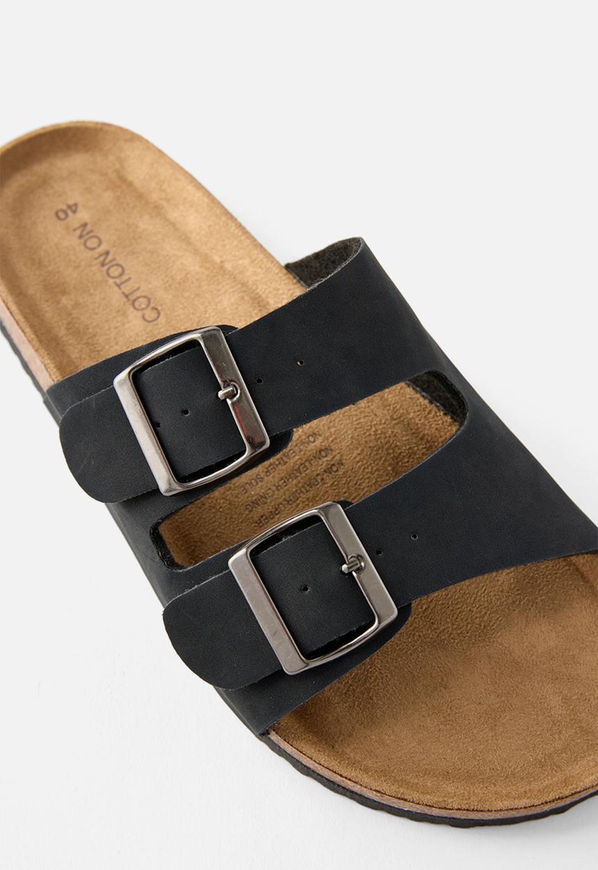 Cotton On - Rex Double Buckle Slide - black nubuck/silver