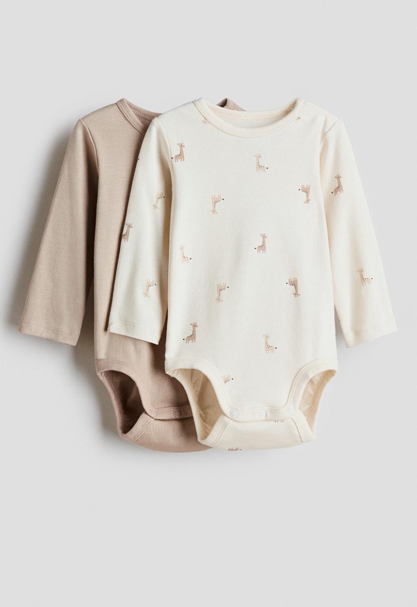 H&M - 2-pack long-sleeved bodysuits - beige/giraffes