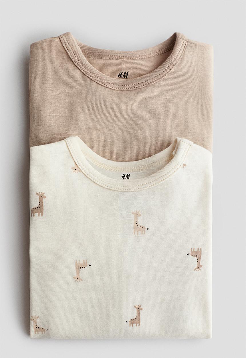 H&M - 2-pack long-sleeved bodysuits - beige/giraffes