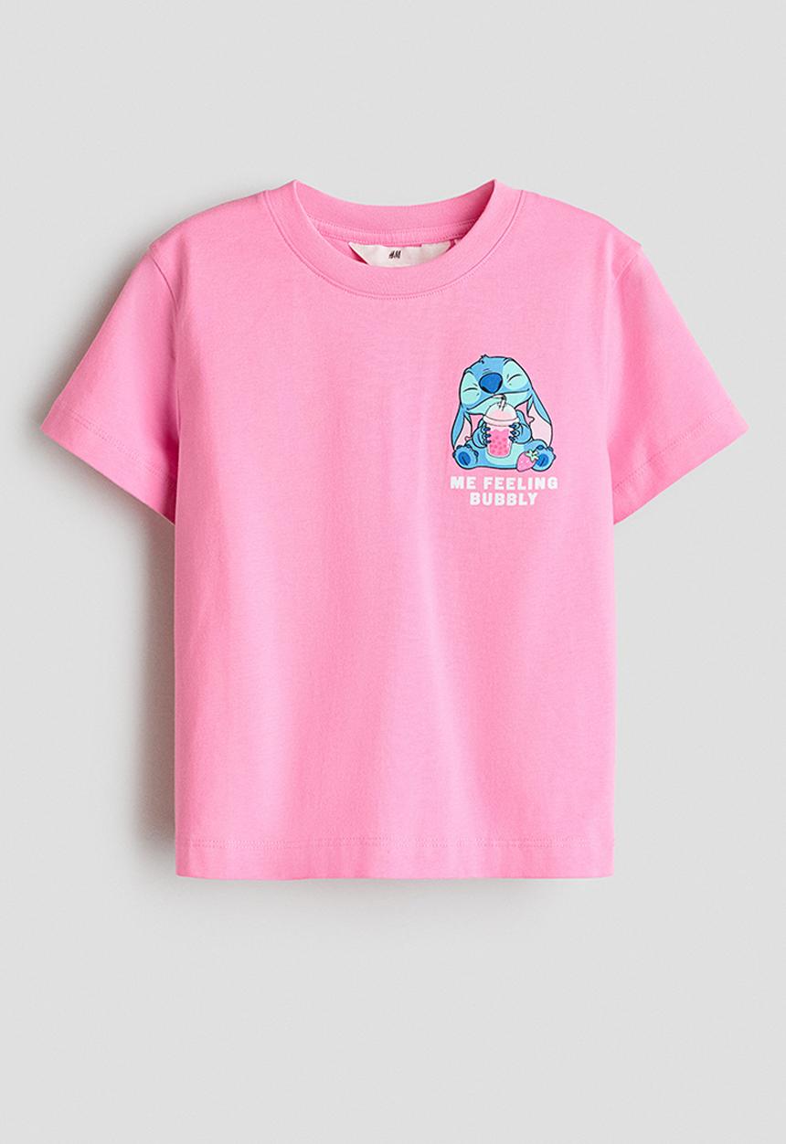 H&M - Print-motif cotton t-shirt - pink/lilo & stitch