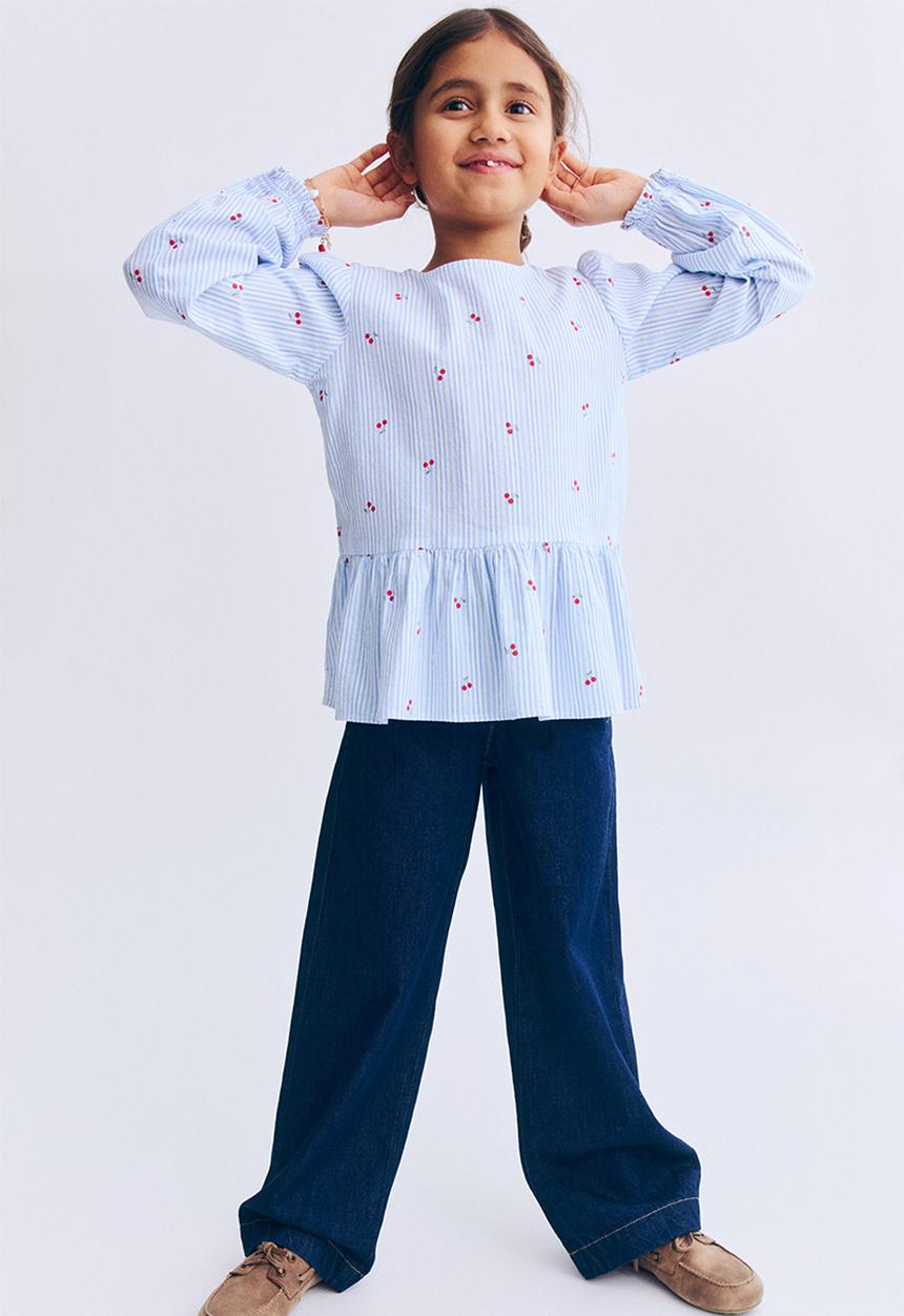H&M - Seersucker peplum blouse - blue/cherries