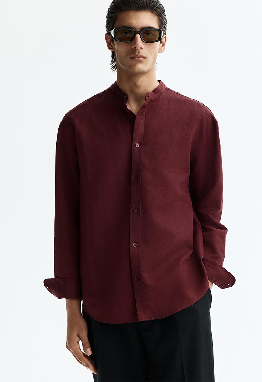 H&M - Relaxed fit linen-blend shirt - burgundy