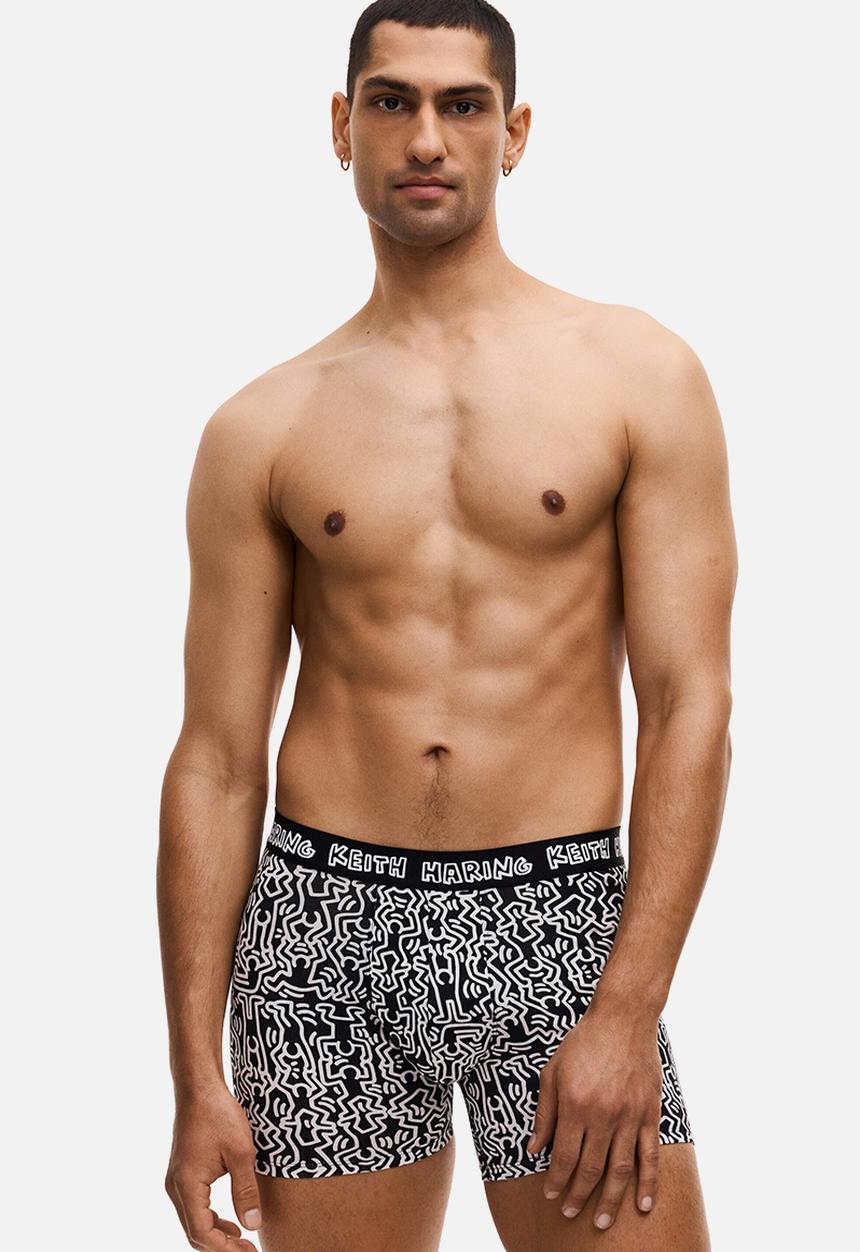 H&M - 3-pack print-motif cotton trunks - black/keith haring