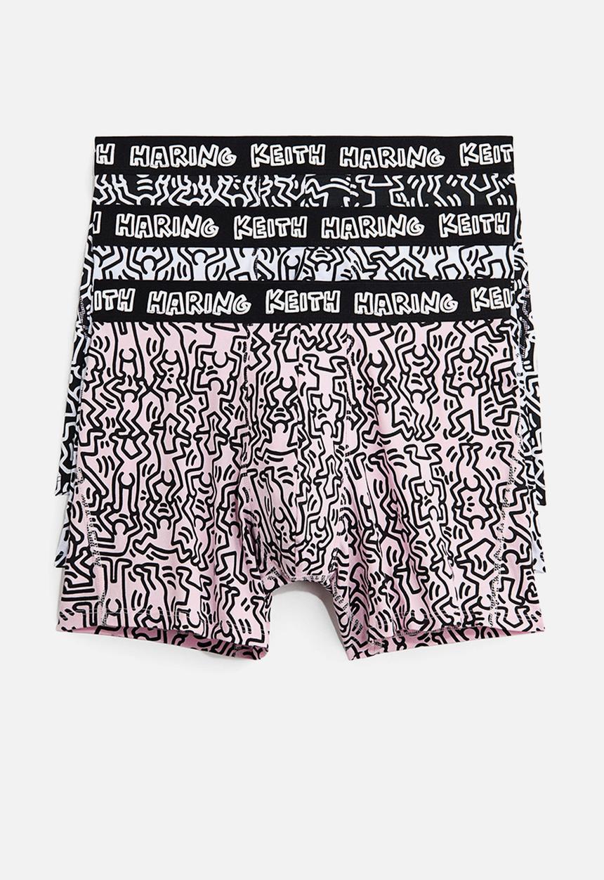 H&M - 3-pack print-motif cotton trunks - black/keith haring