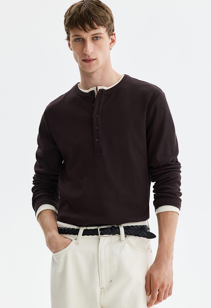 H&M - Slim fit ribbed henley shirt - dark brown