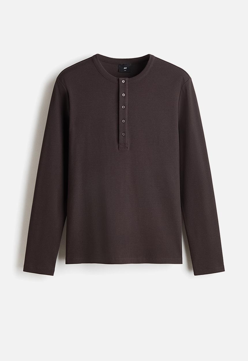 H&M - Slim fit ribbed henley shirt - dark brown