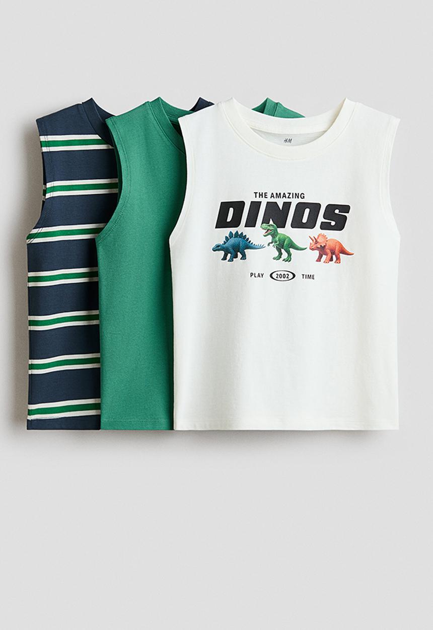 H&M - 3-pack cotton vest tops - green/dinos