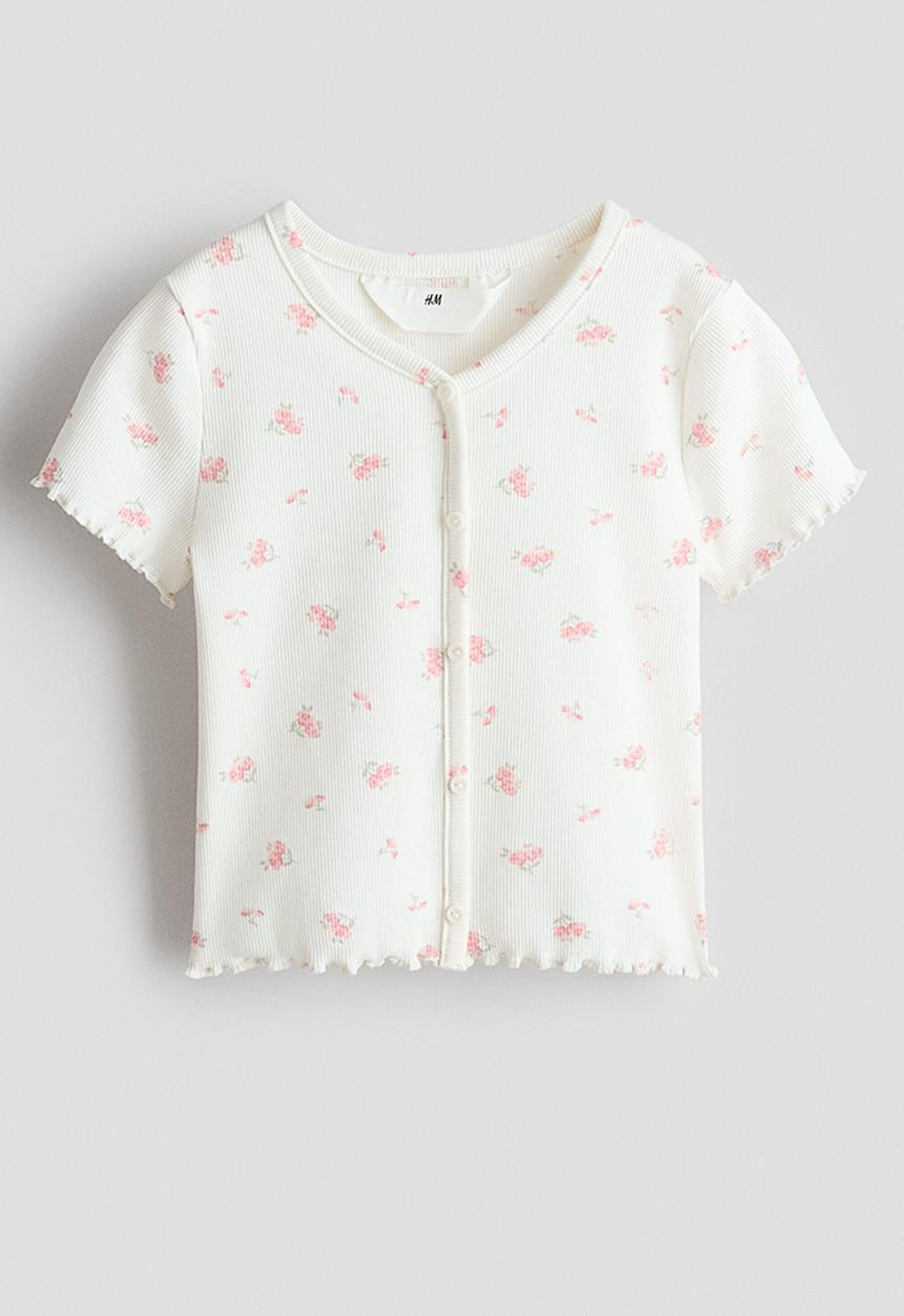 H&M - Button-detail ribbed top - white/pink floral