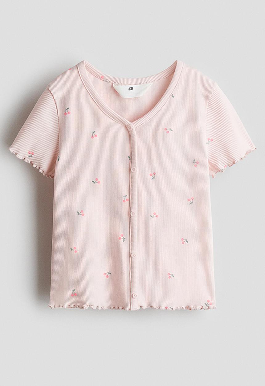 H&M - Button-detail ribbed top - light pink/cherries