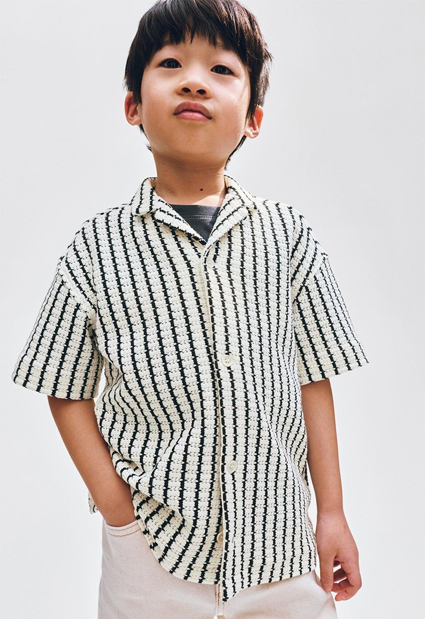 H&M - Pointelle-knit resort shirt - light beige/striped