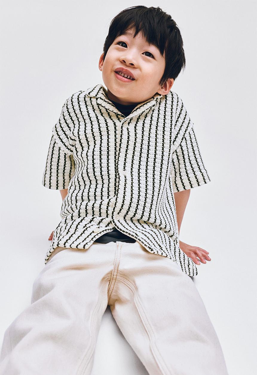 H&M - Pointelle-knit resort shirt - light beige/striped