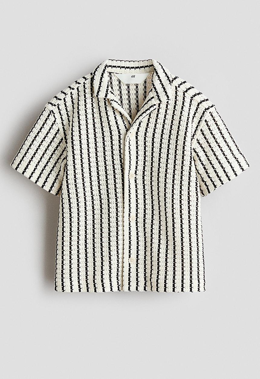 H&M - Pointelle-knit resort shirt - light beige/striped