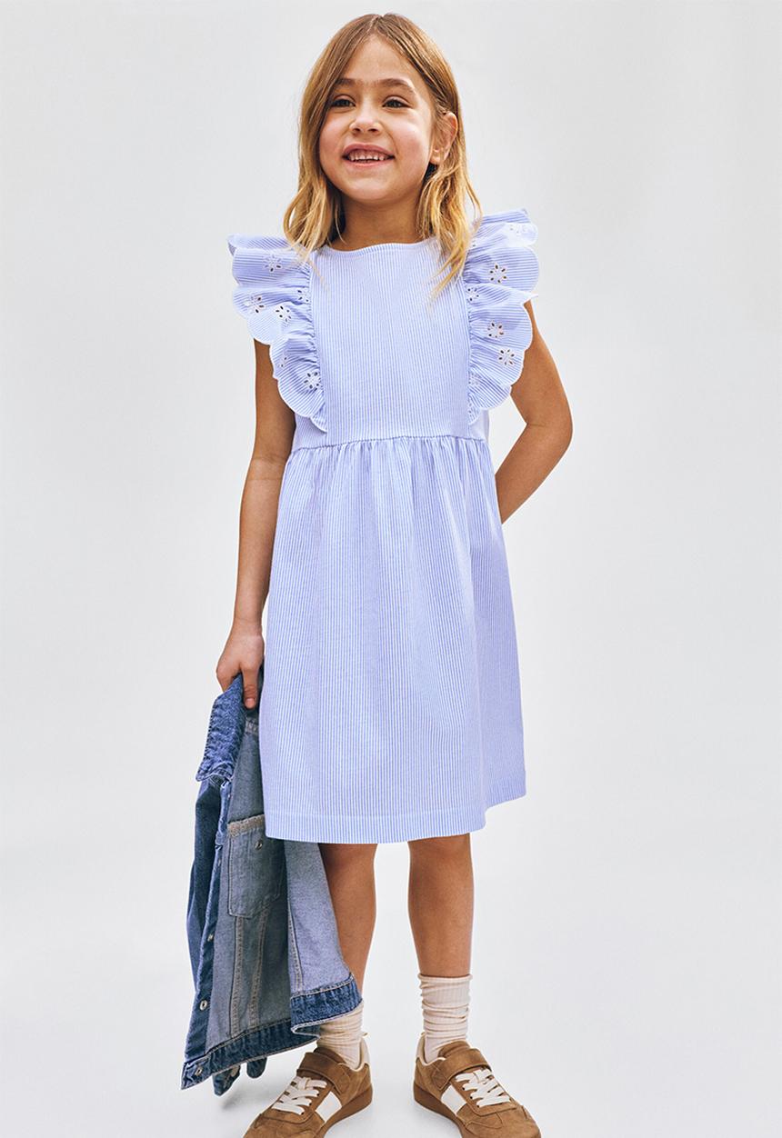 H&M - Flounce-trimmed cotton dress - light blue/striped