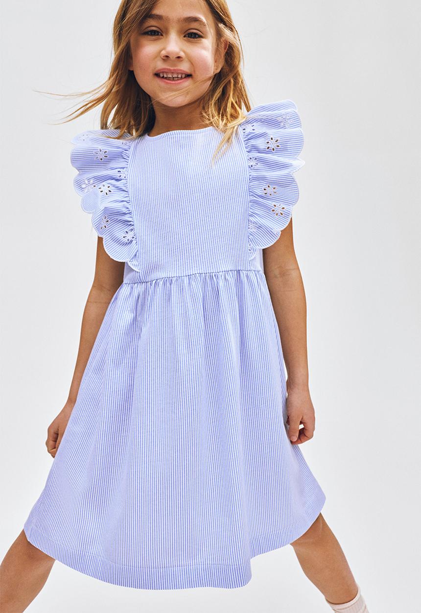 H&M - Flounce-trimmed cotton dress - light blue/striped
