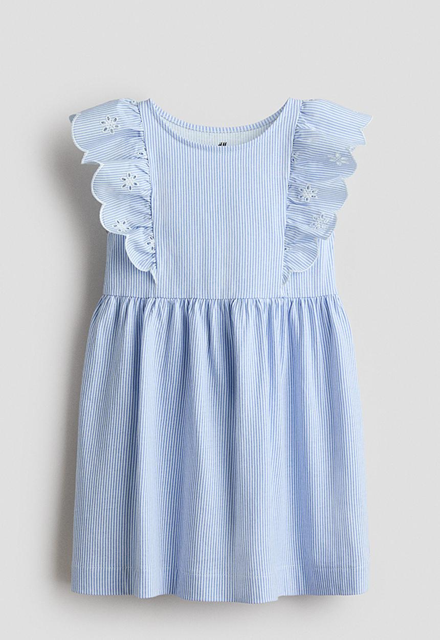 H&M - Flounce-trimmed cotton dress - light blue/striped