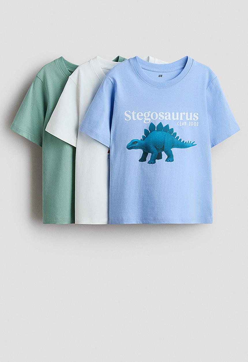 H&M - 3-pack printed t-shirts - light blue/dinosaurs