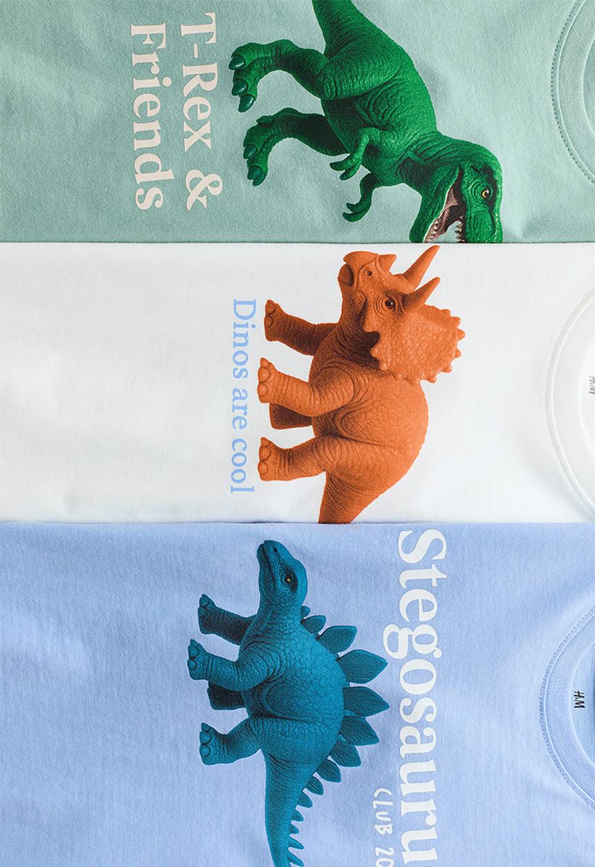 H&M - 3-pack printed t-shirts - light blue/dinosaurs