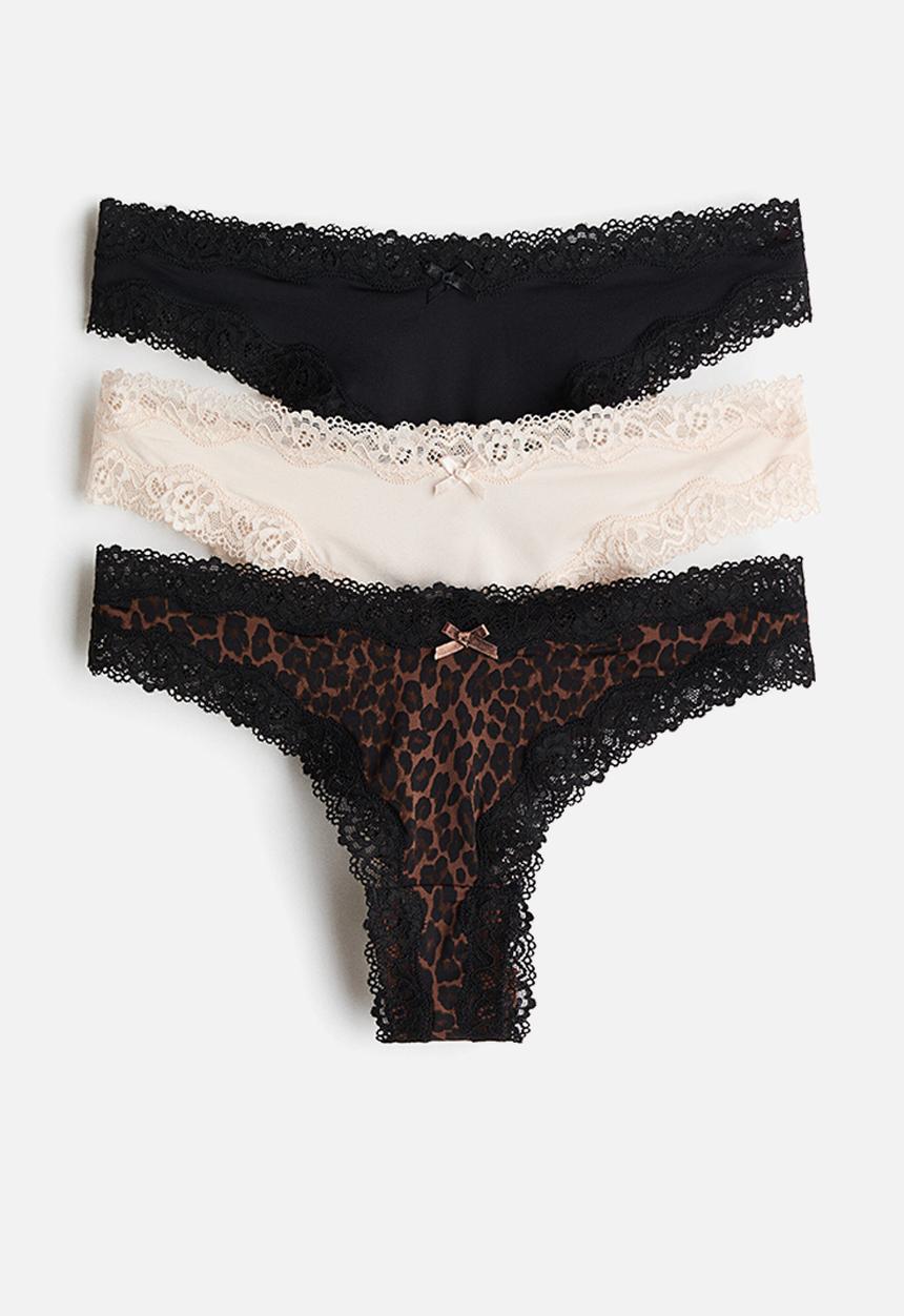 H&M - 3-Pack microfibre and lace brazilian briefs - black/leopard print