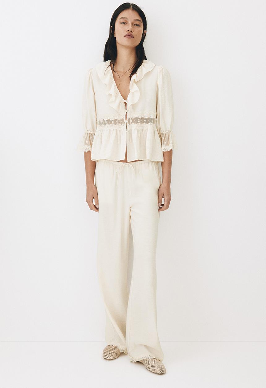 H&M - Lace-trimmed drawstring trousers - light beige