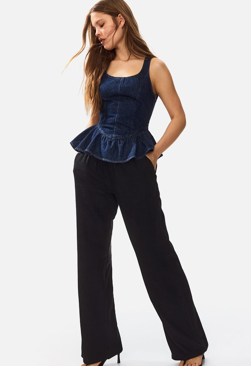 H&M - Linen-blend drawstring trousers - black