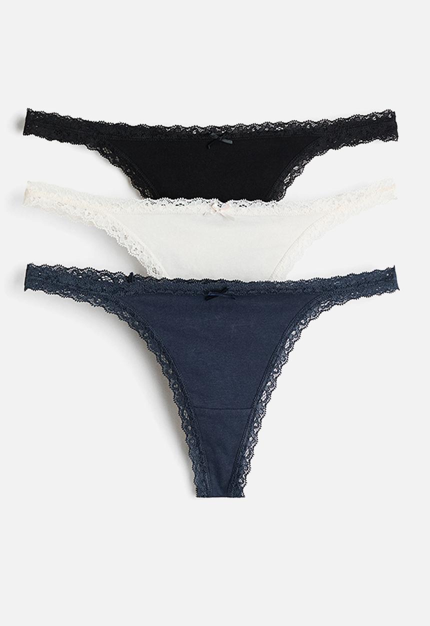 H&M - 3-pack cotton tanga thong briefs - black/cream/navy blue