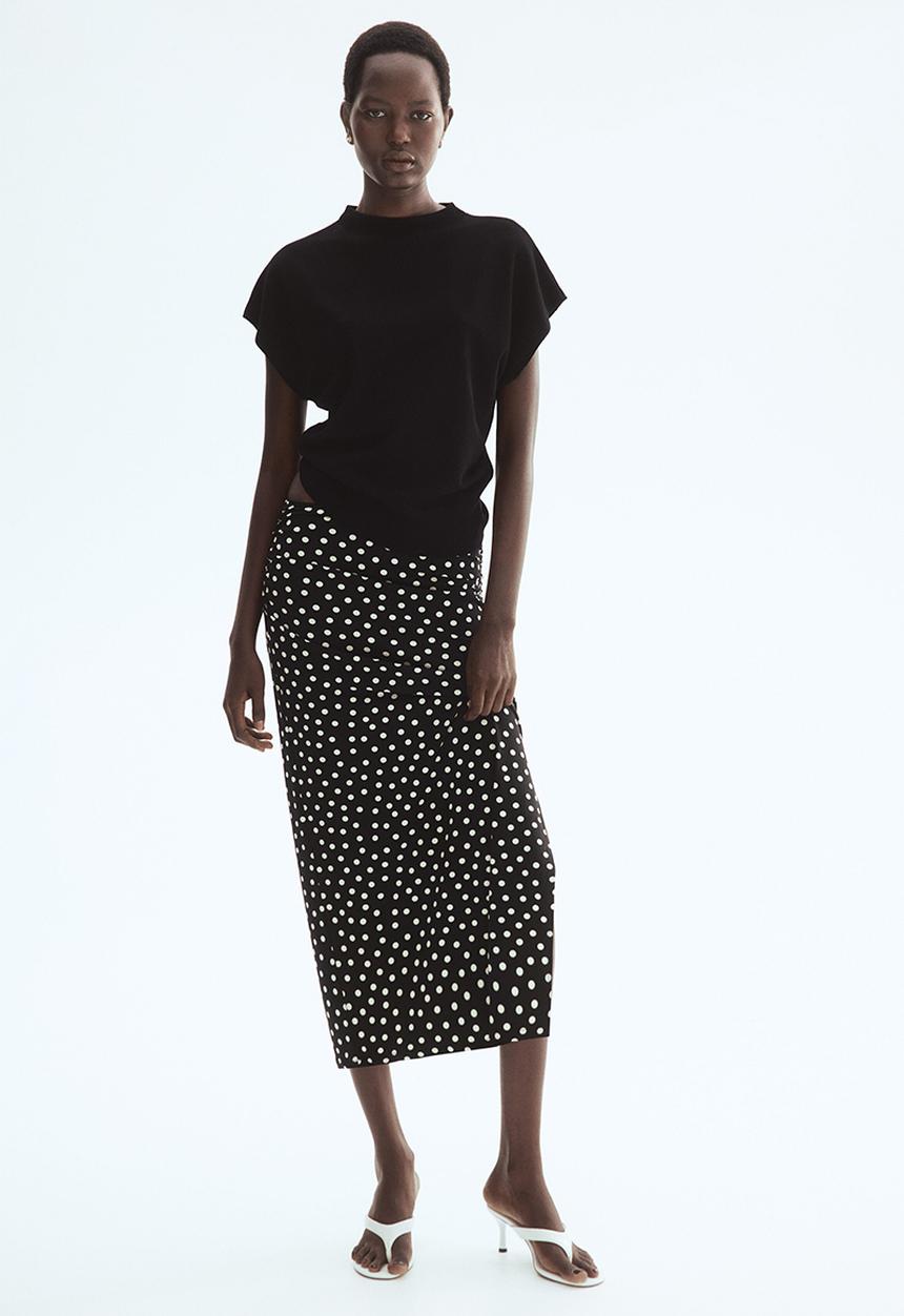 H&M - Draped midi skirt - black/polka dot