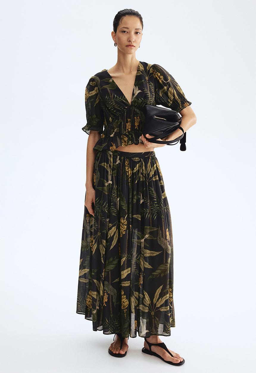 H&M - Viscose-blend gathered top - black/plants