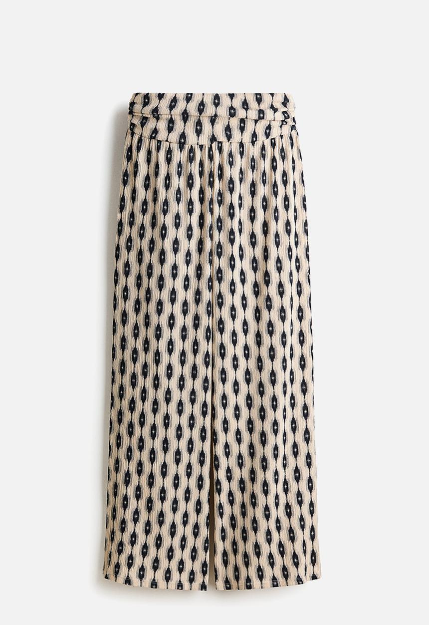 H&M - Wide gathered-waist trousers - light beige/patterned