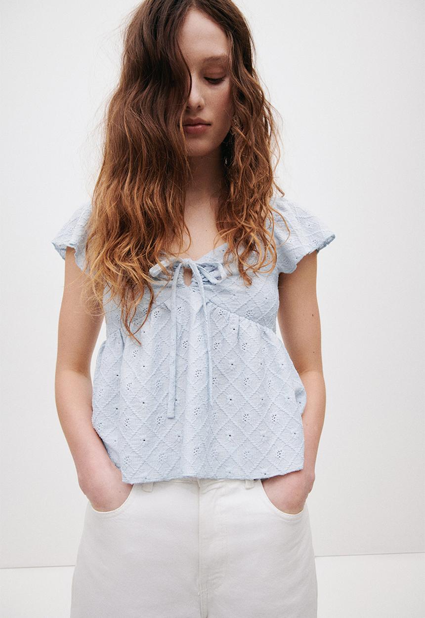 H&M - Pointelle jersey blouse - light blue