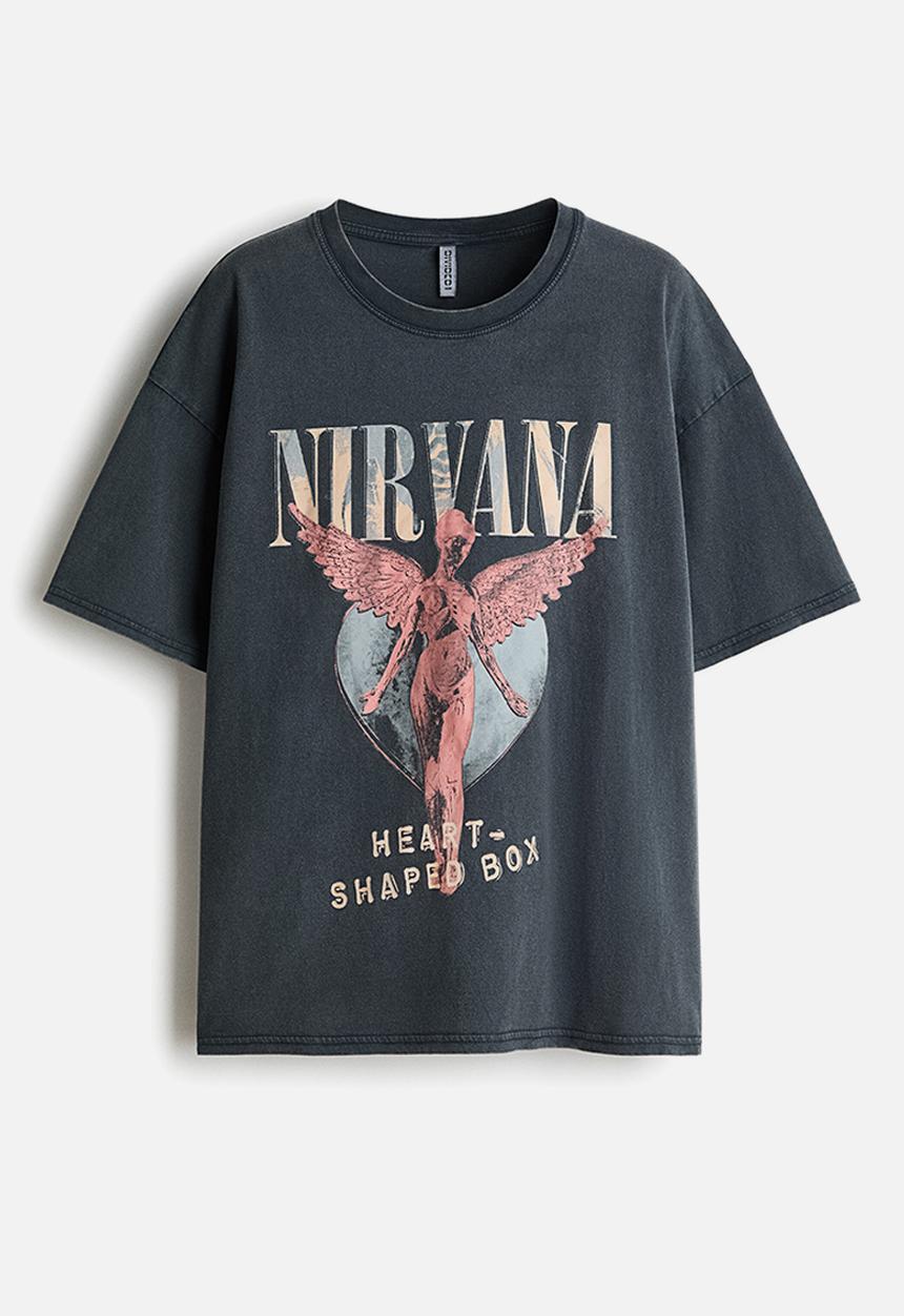 H&M - Oversized print-motif t-shirt - dark grey/nirvana