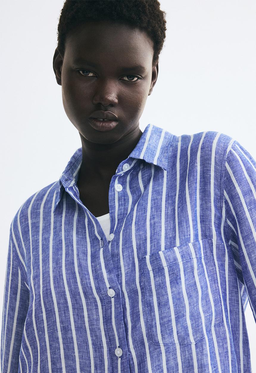 H&M - Linen shirt - dark dusty blue/striped