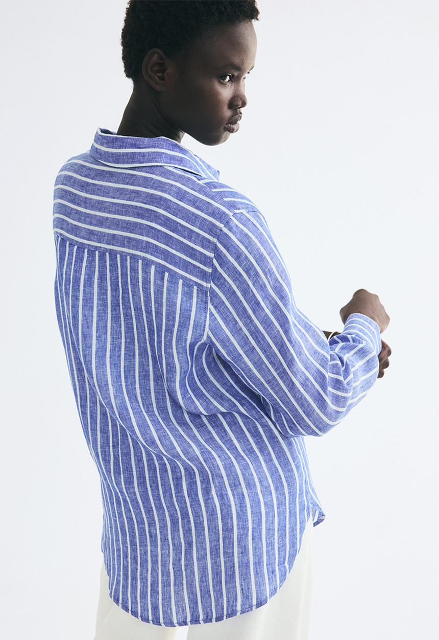H&M - Linen shirt - dark dusty blue/striped