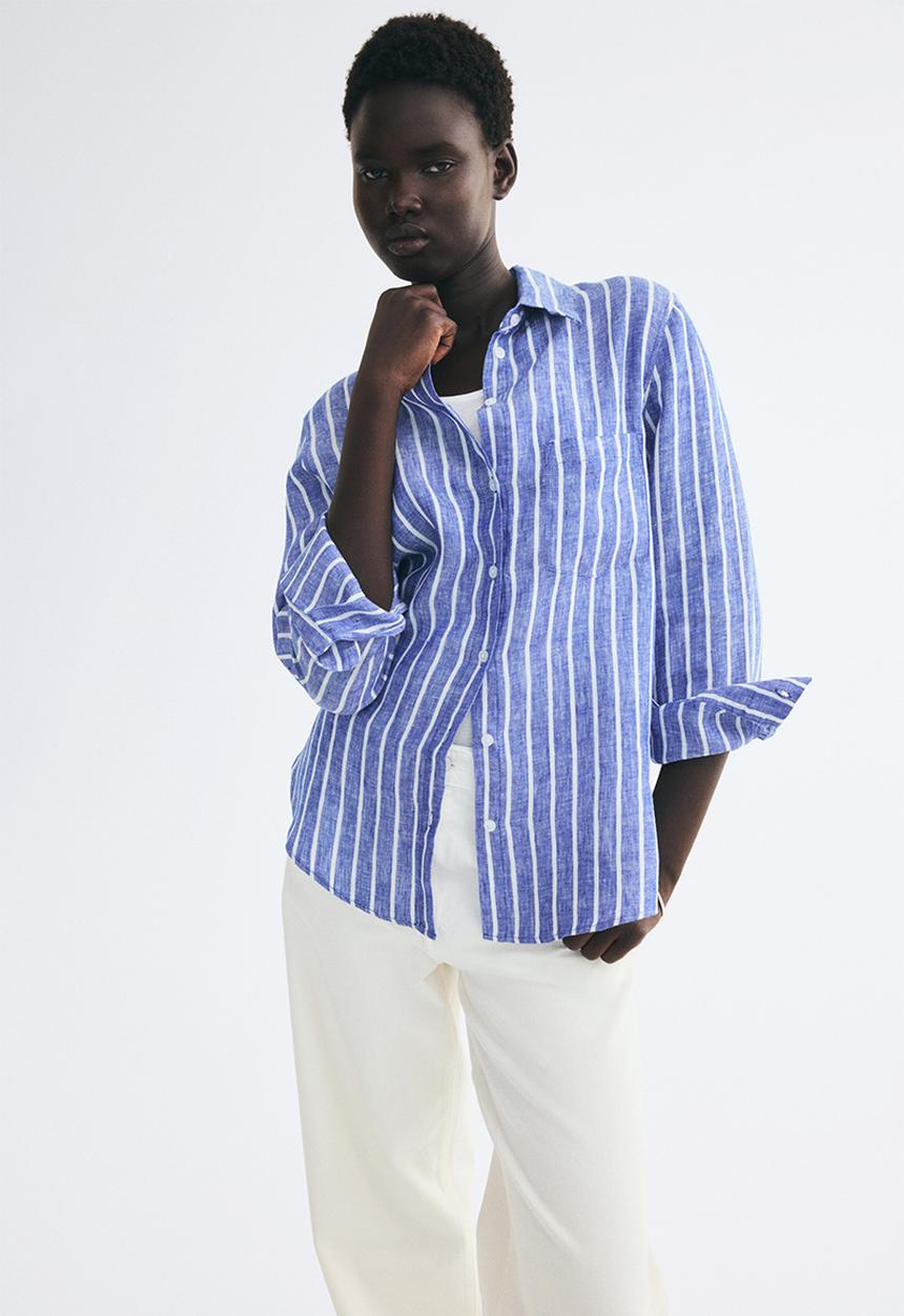 H&M - Linen shirt - dark dusty blue/striped