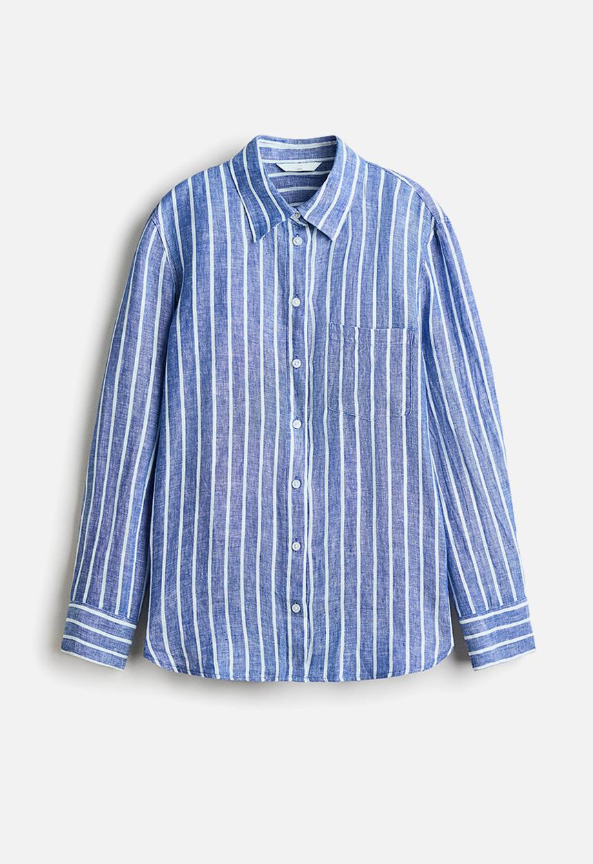 H&M - Linen shirt - dark dusty blue/striped