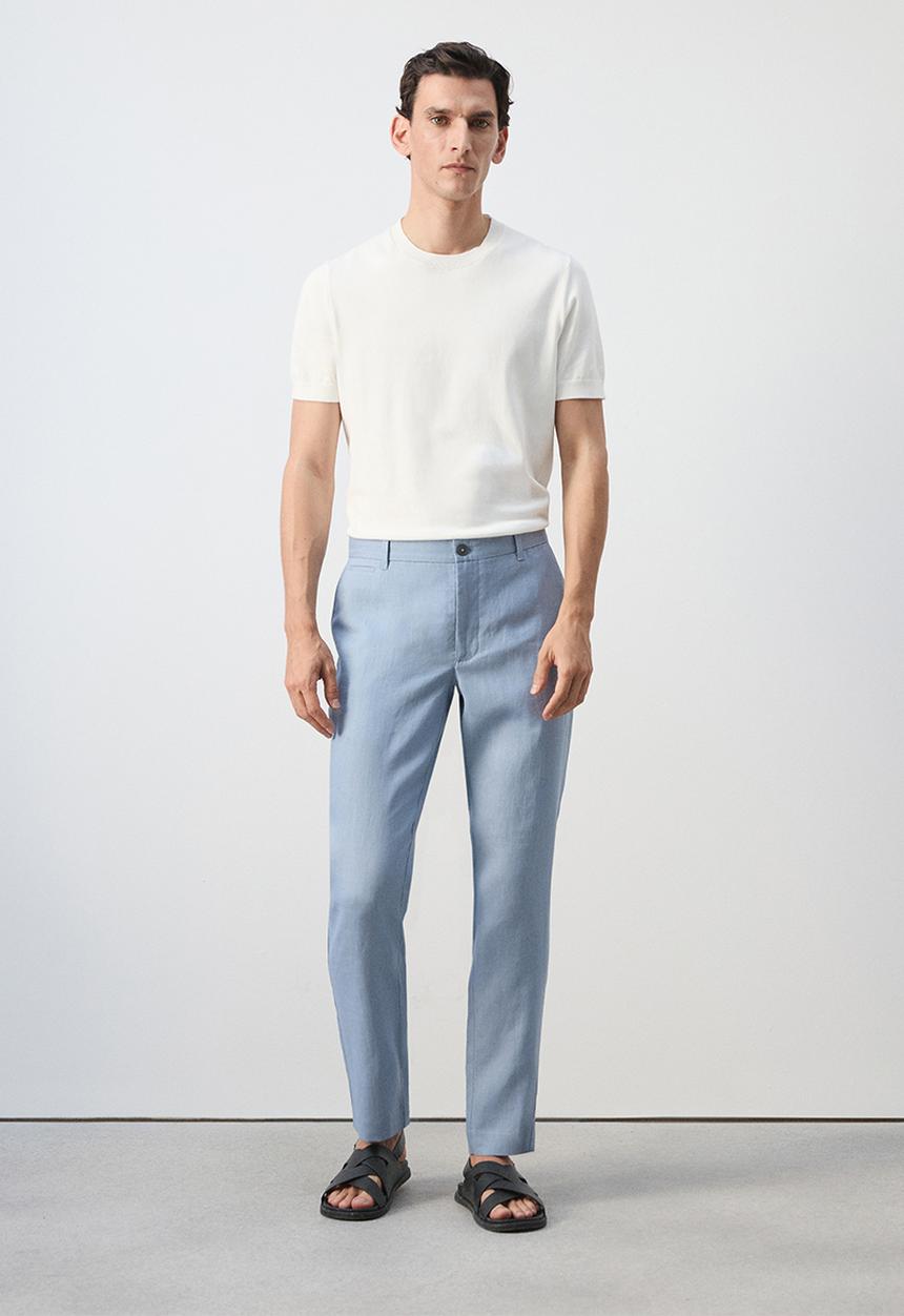 MANGO - Oyster Slim-fit 100% linen trousers- Sky-Blue