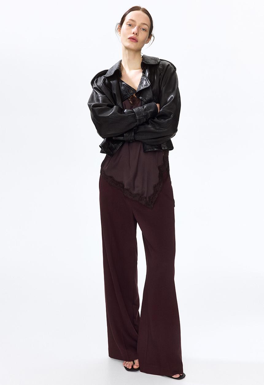 H&M - Wide linen-blend trousers - burgundy