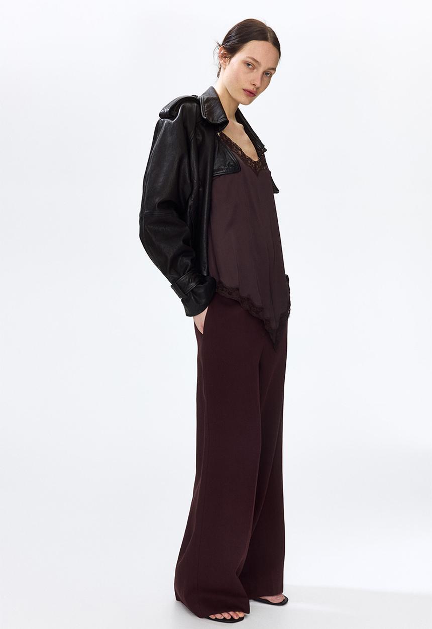 H&M - Wide linen-blend trousers - burgundy