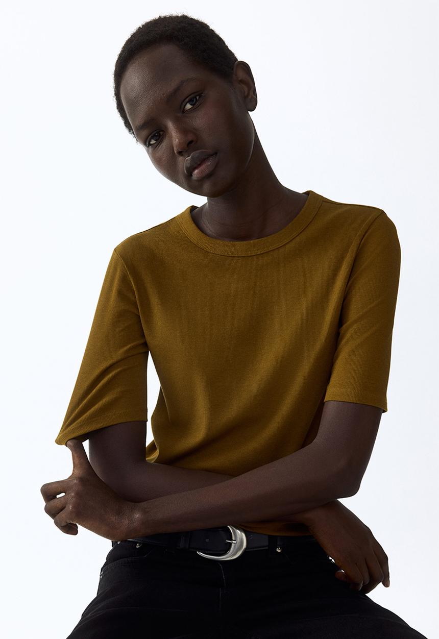 H&M - Ribbed T-shirt - dark khaki green