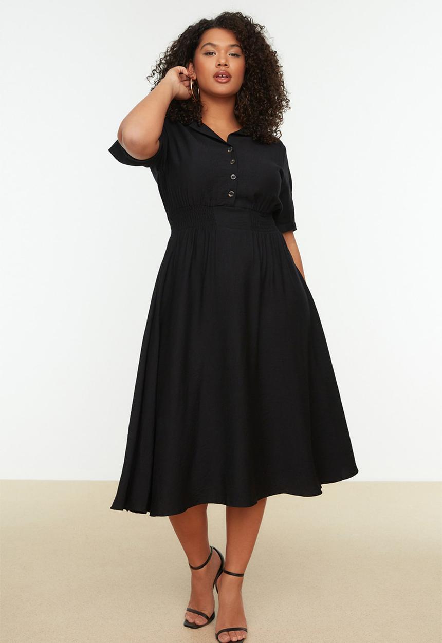 Trendyol - Plus woven dress with gipe and button detail - black