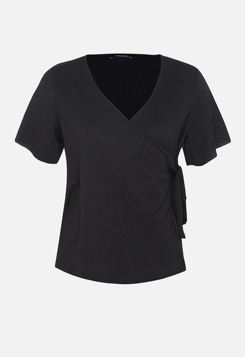 Trendyol - Plus double-breasted tie-detail knit blouse - black