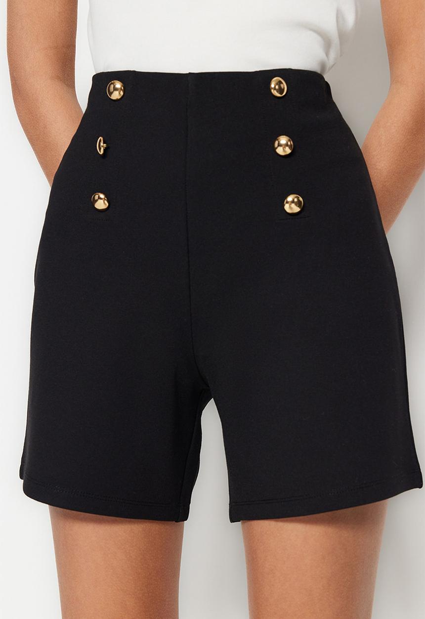 Trendyol - Gold Button Detail High-Waist Knit Shorts - Black