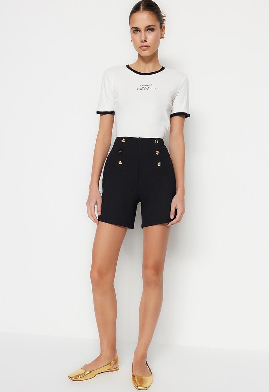 Trendyol - Gold Button Detail High-Waist Knit Shorts - Black